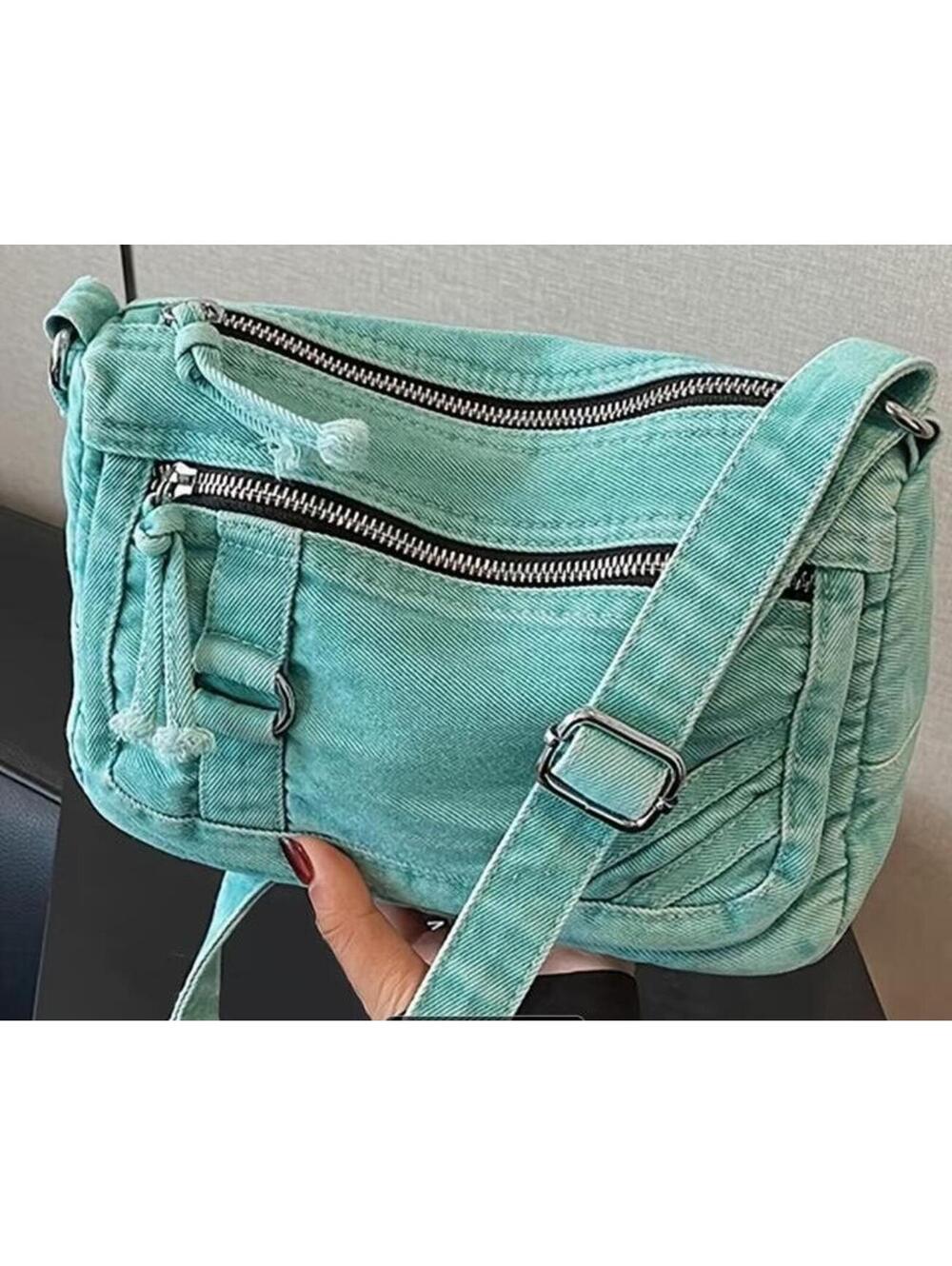 Casual Light Blue Denim Crossbody Bag with Zipper Pockets